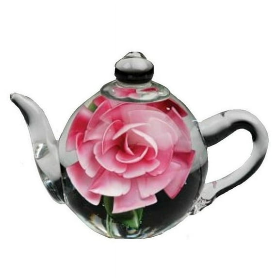 Dynasty Gallery Glass Teapot Paperweight with Pink Rose 6128 5.5 Inches Long