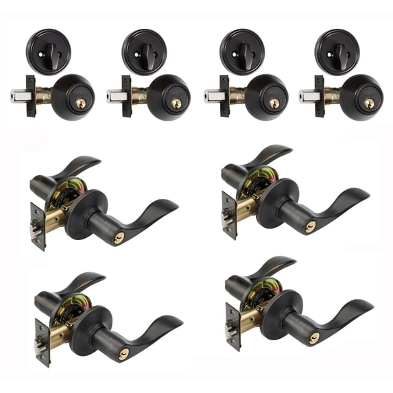 Dynasty Hardware CP-HER-12P, Heritage Front Door Entry Lever Lockset and Single Cylinder Deadbolt Combination Set, Aged Oil Rubbed (4 Pack) Keyed Alike