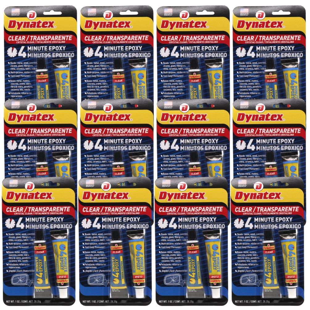 Dynatex 4 Minute Clear Epoxy Adhesive 2 oz - 60 Min Working Time, Bonds & Repairs Metal Wood Concrete Glass, Clear Machinable (12-Pack)