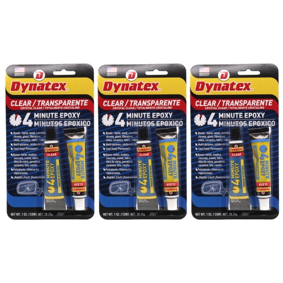Dynatex 4 Minute Clear Epoxy Adhesive 2 oz - 60 Min Working Time, Bonds & Repairs Metal Wood Concrete Glass, Clear Machinable (3-Pack