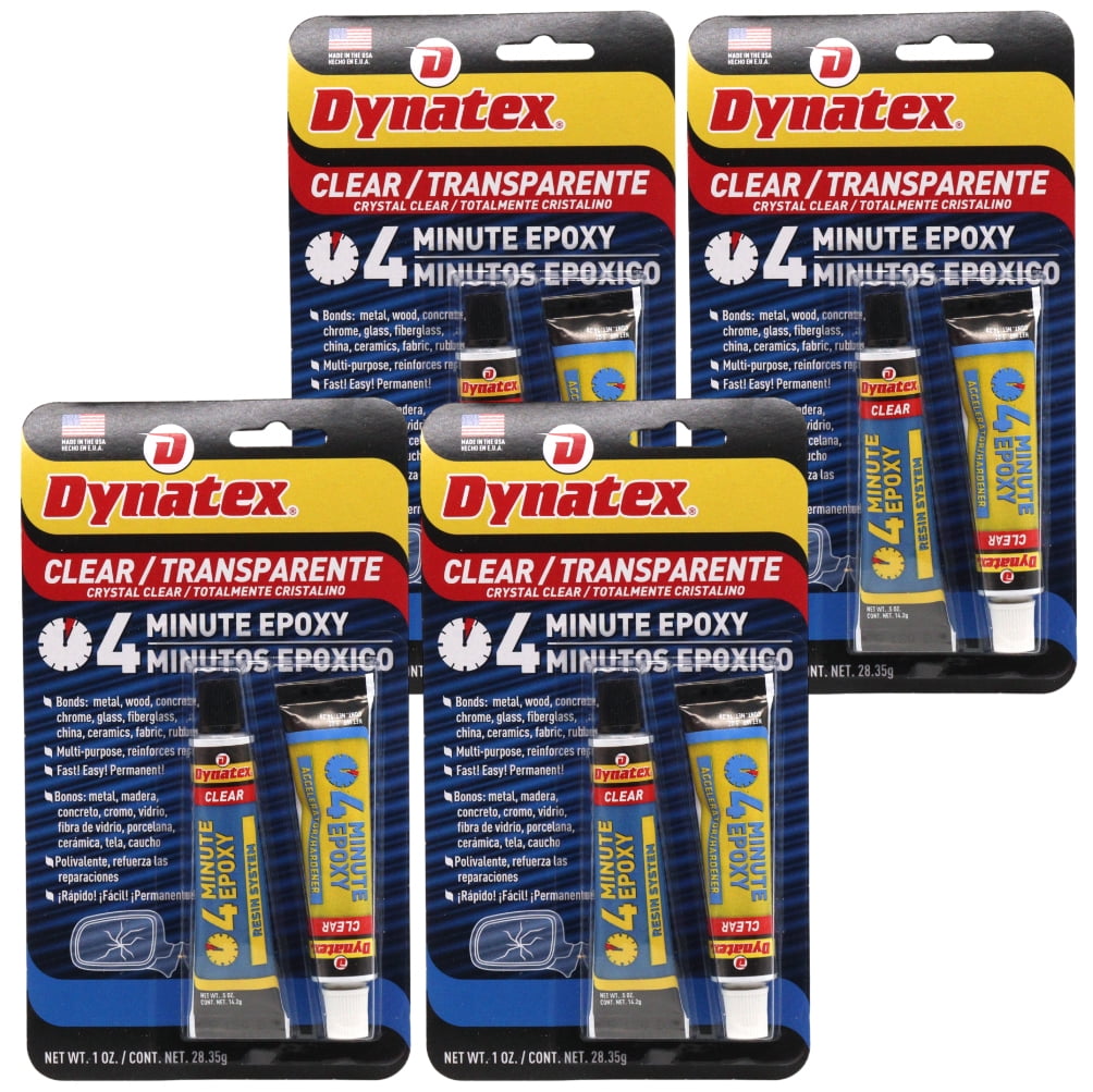 Dynatex 4 Minute Clear Epoxy Adhesive 2 oz - 60 Min Working Time, Bonds & Repairs Metal Wood Concrete Glass, Clear Machinable (4-Pack)