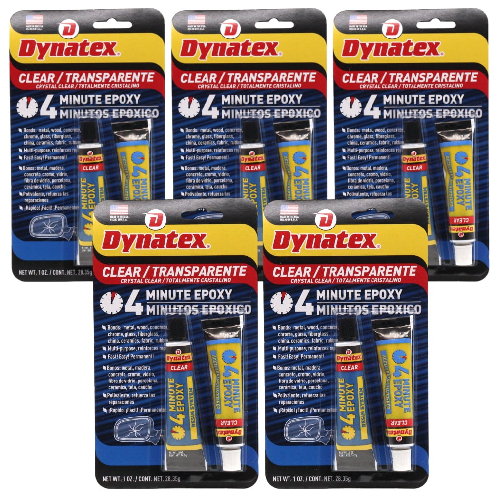 Dynatex 4 Minute Clear Epoxy Adhesive 2 oz - 60 Min Working Time, Bonds & Repairs Metal Wood Concrete Glass, Clear Machinable (5-Pack)