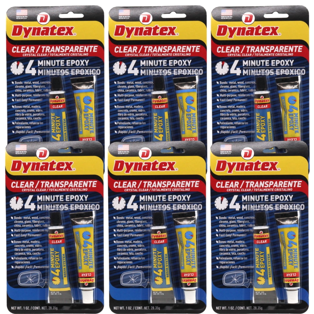 Dynatex 4 Minute Clear Epoxy Adhesive 2 oz - 60 Min Working Time, Bonds & Repairs Metal Wood Concrete Glass, Clear Machinable (6-Pack)