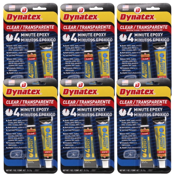 Dynatex 4 Minute Clear Epoxy Adhesive 2 oz - 60 Min Working Time, Bonds & Repairs Metal Wood Concrete Glass, Clear Machinable (6-Pack)