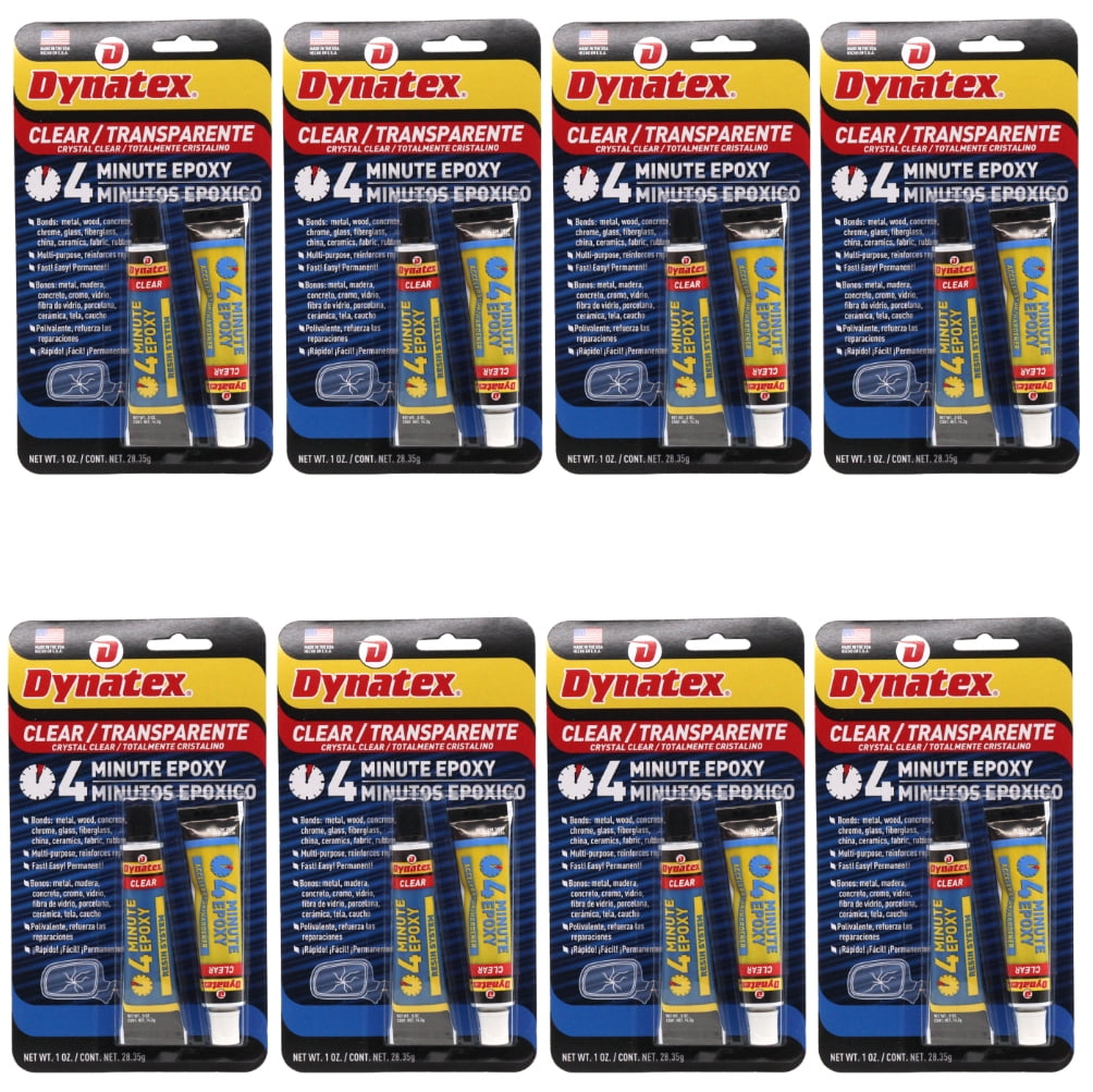 Dynatex 4 Minute Clear Epoxy Adhesive 2 oz - 60 Min Working Time, Bonds & Repairs Metal Wood Concrete Glass, Clear Machinable (8-Pack)