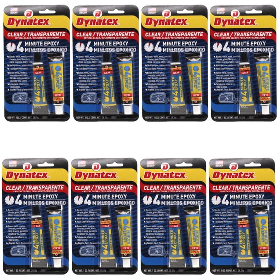 Dynatex 4 Minute Clear Epoxy Adhesive 2 oz - 60 Min Working Time, Bonds & Repairs Metal Wood Concrete Glass, Clear Machinable (8-Pack)