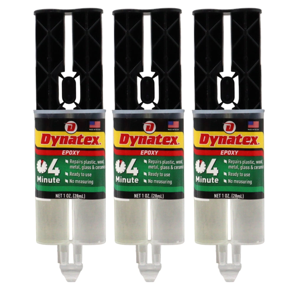 Dynatex 4 Minute Epoxy Adhesive 1 oz Twin Syringe - Rapid Cure, Clear Rigid Bond, Bonds Metal Ceramic Glass Concrete Wood, Pre-Measured (3-Pack)