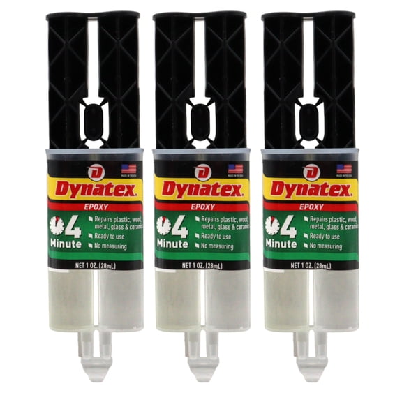 Dynatex 4 Minute Epoxy Adhesive 1 oz Twin Syringe - Rapid Cure, Clear Rigid Bond, Bonds Metal Ceramic Glass Concrete Wood, Pre-Measured (3-Pack)