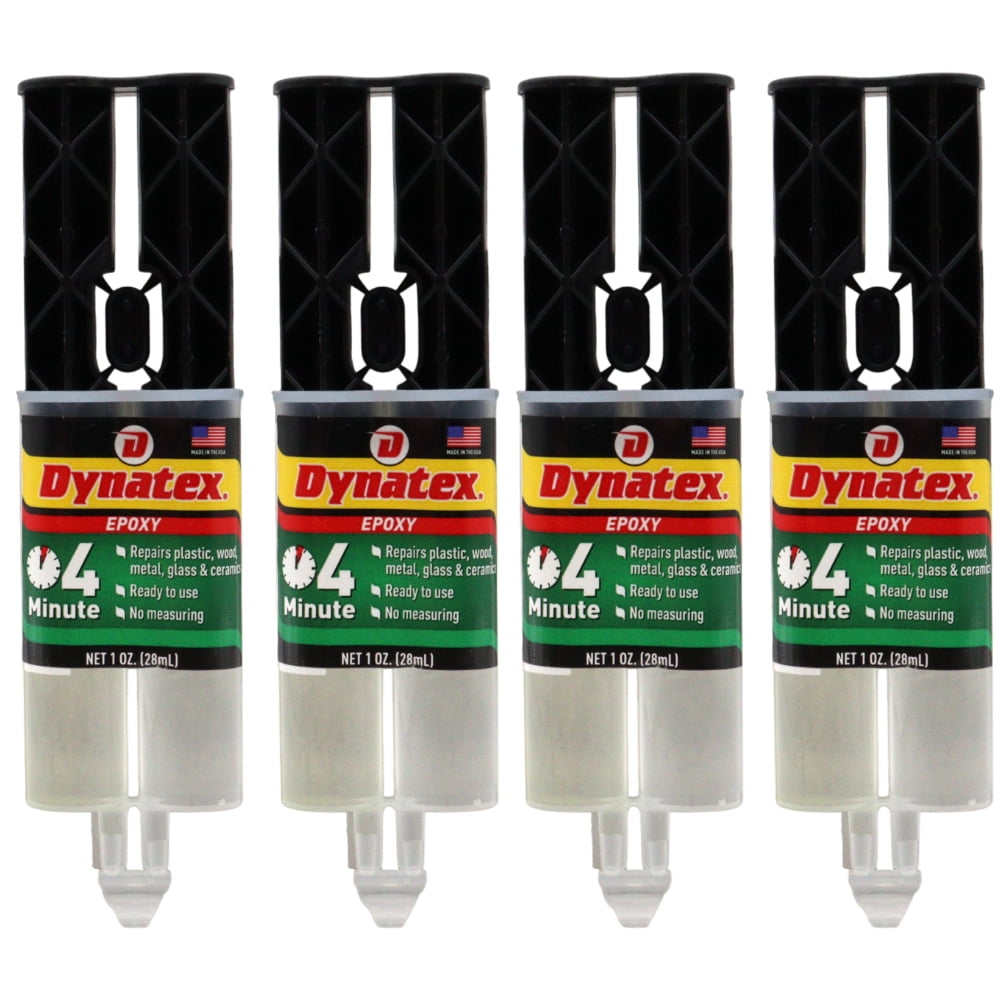Dynatex 4 Minute Epoxy Adhesive 1 oz Twin Syringe - Rapid Cure, Clear Rigid Bond, Bonds Metal Ceramic Glass Concrete Wood, Pre-Measured (4-Pack)