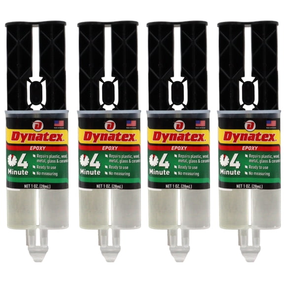 Dynatex 4 Minute Epoxy Adhesive 1 oz Twin Syringe - Rapid Cure, Clear Rigid Bond, Bonds Metal Ceramic Glass Concrete Wood, Pre-Measured (4-Pack)