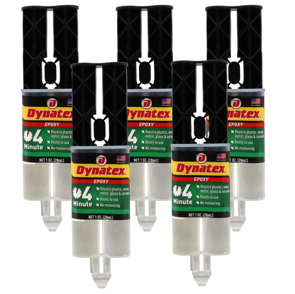 Dynatex 4 Minute Epoxy Adhesive 1 oz Twin Syringe - Rapid Cure, Clear Rigid Bond, Bonds Metal Ceramic Glass Concrete Wood, Pre-Measured (5-Pack)