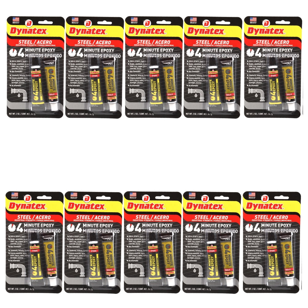 Dynatex 4 Minute Steel Epoxy Adhesive 2 oz - Fast Set, Steel-Like Cure, Bonds & Repairs Metal Wood Masonry, Drillable Sandable (10-Pack)