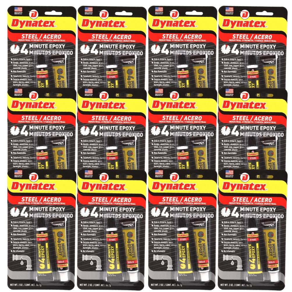 Dynatex 4 Minute Steel Epoxy Adhesive 2 oz - Fast Set, Steel-Like Cure, Bonds & Repairs Metal Wood Masonry, Drillable Sandable (12-Pack)