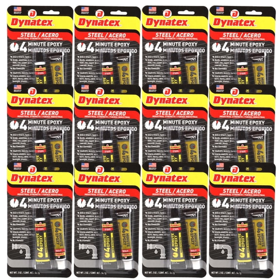 Dynatex 4 Minute Steel Epoxy Adhesive 2 oz - Fast Set, Steel-Like Cure, Bonds & Repairs Metal Wood Masonry, Drillable Sandable (12-Pack)