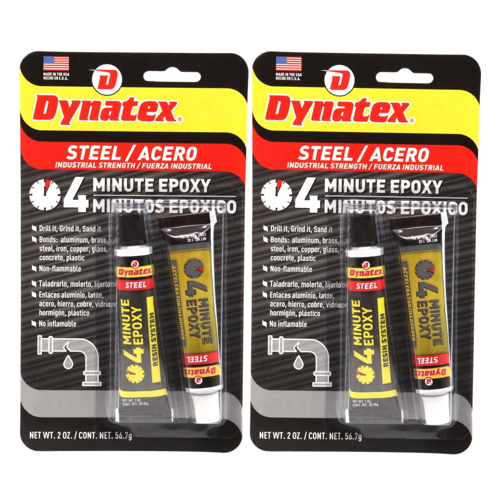 Dynatex 4 Minute Steel Epoxy Adhesive 2 oz - Fast Set, Steel-Like Cure, Bonds & Repairs Metal Wood Masonry, Drillable Sandable (2-Pack)