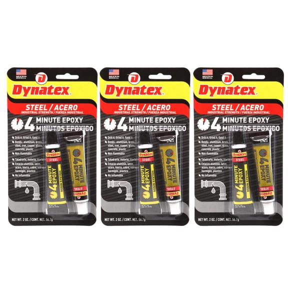 Dynatex 4 Minute Steel Epoxy Adhesive 2 oz - Fast Set, Steel-Like Cure, Bonds & Repairs Metal Wood Masonry, Drillable Sandable (3-Pack)