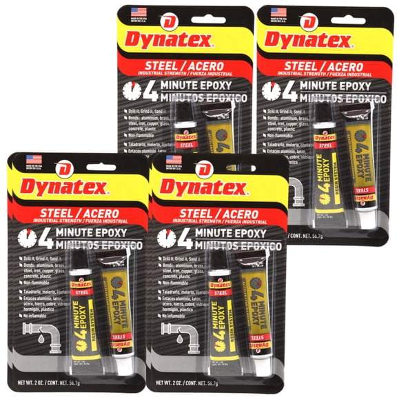 Dynatex 4 Minute Steel Epoxy Adhesive 2 oz - Fast Set, Steel-Like Cure, Bonds & Repairs Metal Wood Masonry, Drillable Sandable (4-Pack)