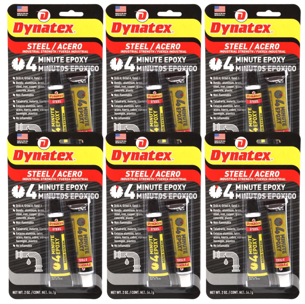 Dynatex 4 Minute Steel Epoxy Adhesive 2 oz - Fast Set, Steel-Like Cure, Bonds & Repairs Metal Wood Masonry, Drillable Sandable (6-Pack)