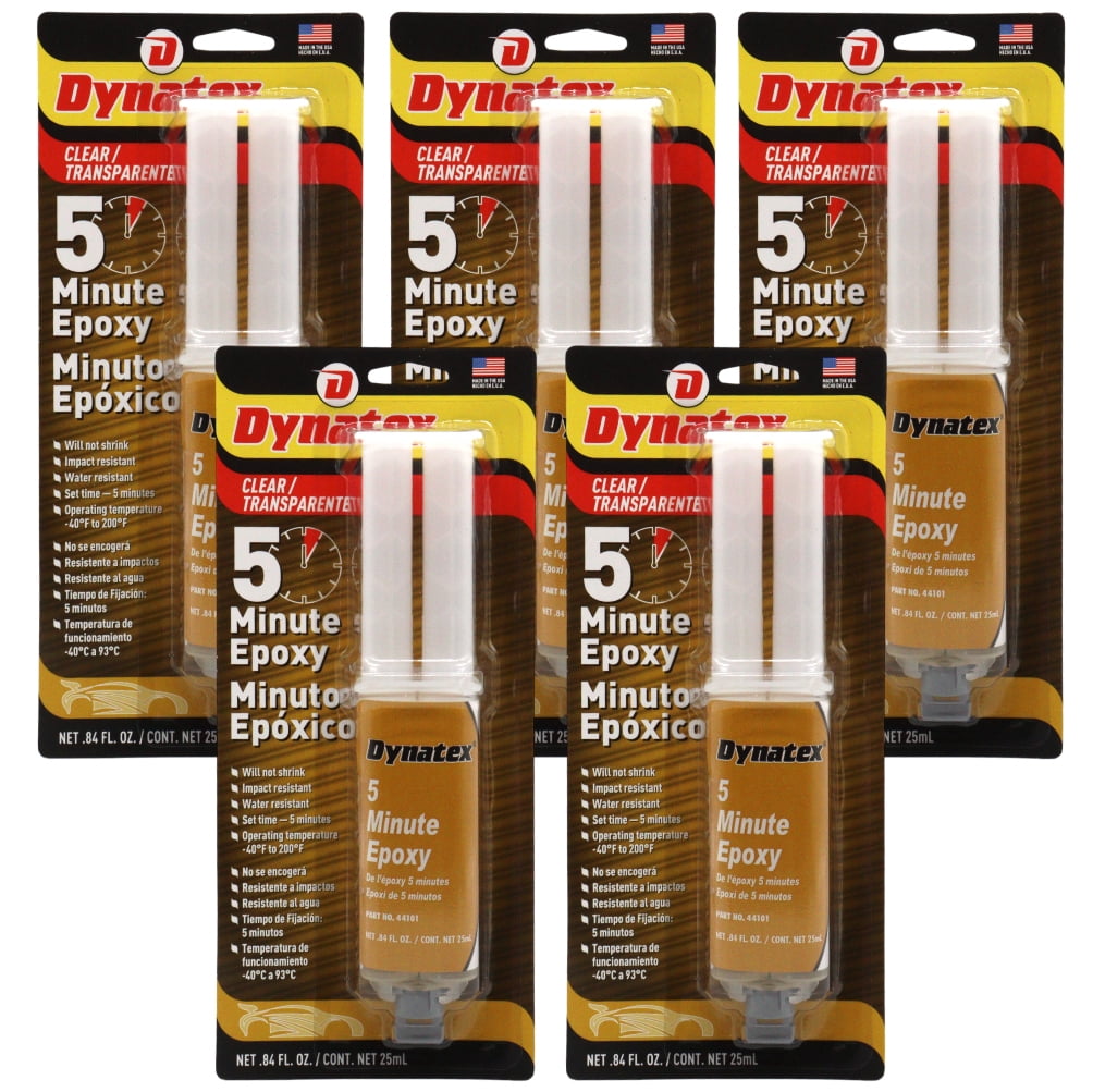 Dynatex 5 Minute Epoxy Adhesive 0.84 oz Twin Syringe - Fast Cure 3-5 Min, Bonds Plastics Metals Wood Ceramics, Industrial Strength (5-Pack)