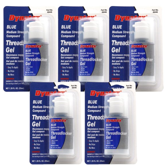 Dynatex Blue Medium Strength Gel Threadlocker 1.20 oz Bottle - Removable with Hand Tools, Locks Fasteners on Metal, Vibration Resistant, Solvent Resistant (5-Pack)