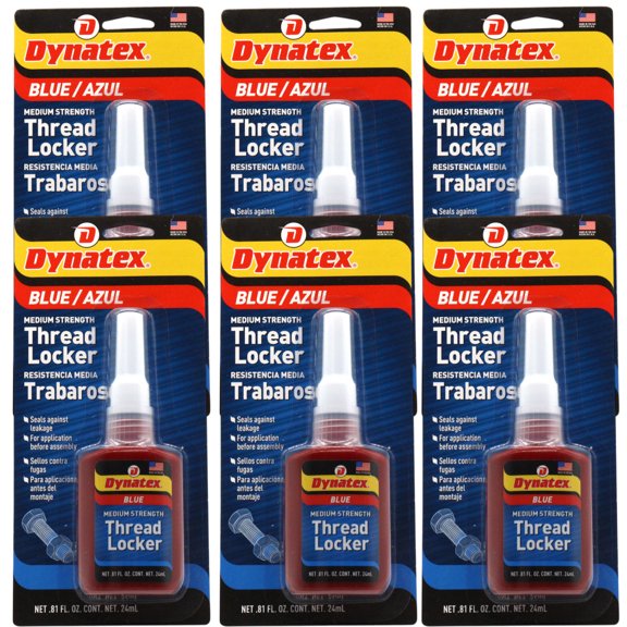 Dynatex Blue Medium Strength Threadlocker 0.81 oz Bottle - Removable with Hand Tools, Locks Fasteners on Metal, Vibration Resistant, Solvent Resistant (6-Pack)