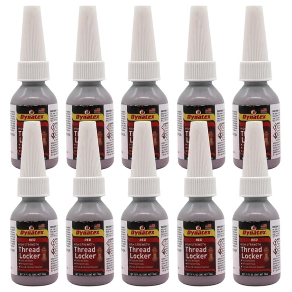Dynatex Red High Strength Threadlocker 0.34 oz Bottle - Permanent Lock, Anaerobic, Large Fasteners, Vibration & Solvent Resistant (10-Pack)