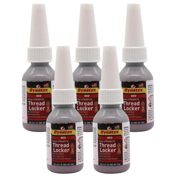 Dynatex Red High Strength Threadlocker 0.34 oz Bottle - Permanent Lock, Anaerobic, Large Fasteners, Vibration & Solvent Resistant (5-Pack)