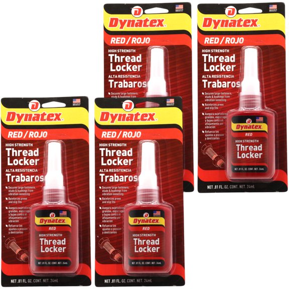 Dynatex Red High Strength Threadlocker 0.81 oz Bottle - Permanent Lock, Anaerobic, Large Fasteners, Vibration & Solvent Resistant (4-Pack)