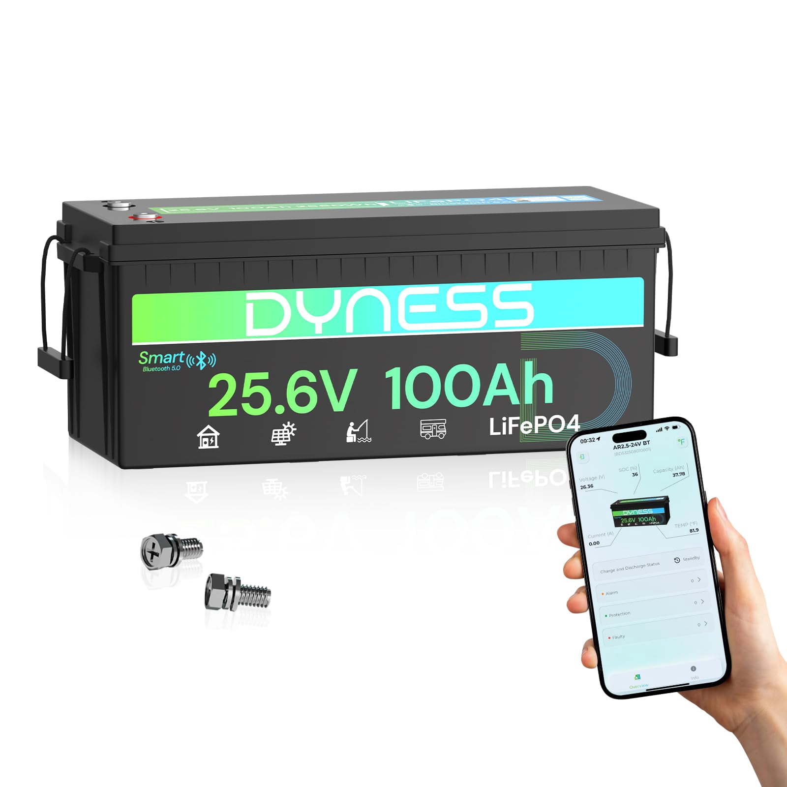 Dyness 24V 100Ah LiFePO4 Lithium Battery with Bluetooth, Deep Cycle Rechargeable Battery with Low-Temp Protection, 2560W Max for Off-Grid Solar, RV, Camper, Trolling Motor, Home Use