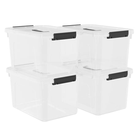 DynkoNA 4 Pack 18 Liter Clear Storage Latch Box, Plastic Lidded Storage Bins with Handle