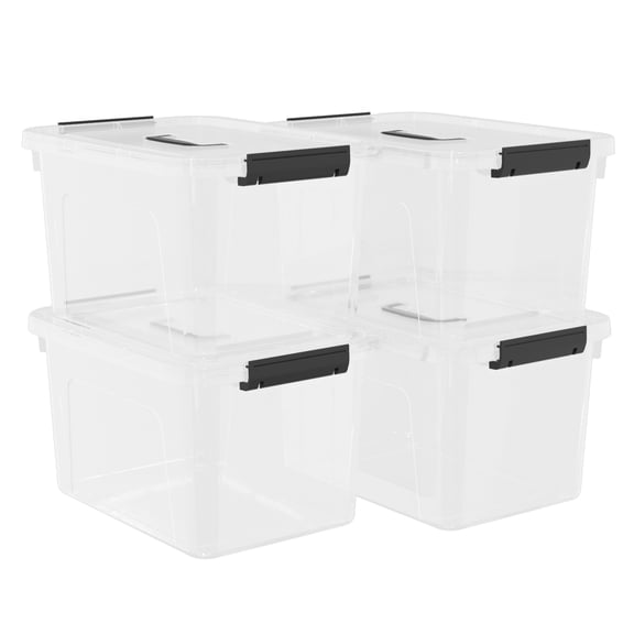 DynkoNA 4 Pack 18 Liter Clear Storage Latch Box, Plastic Lidded Storage Bins with Handle