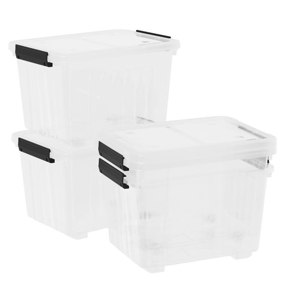 DynkoNA 4 Pack 30 L Large Plastic Storage Box with Lid, Clear Bins with Wheels