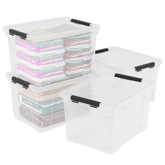 DynkoNA 4-Pack 50 Quart Large Storage Containers, Clear Storage Latch Box with Wheels