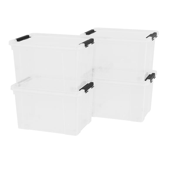 DynkoNA 40 Quart Clear Plastic Latching Box, Large Storage Bins with Wheels Set of 4