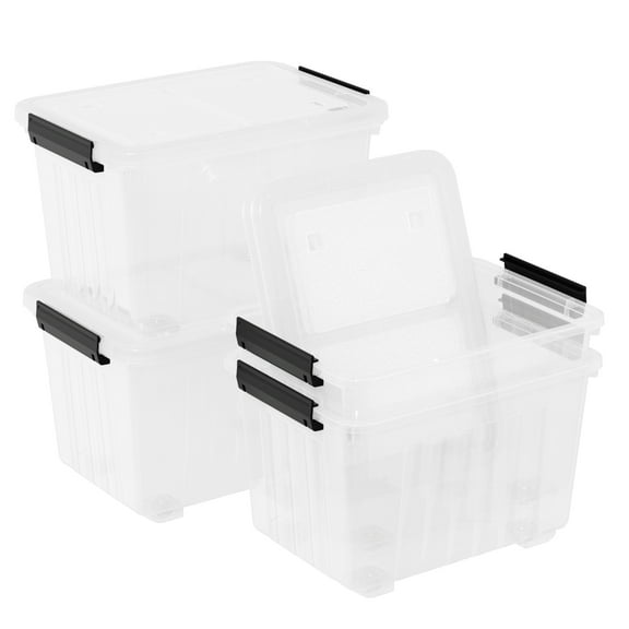 DynkoNA 50 L Plastic Latching Storage Box with Wheels, 4-Pack Clear Lidded Storage Bin