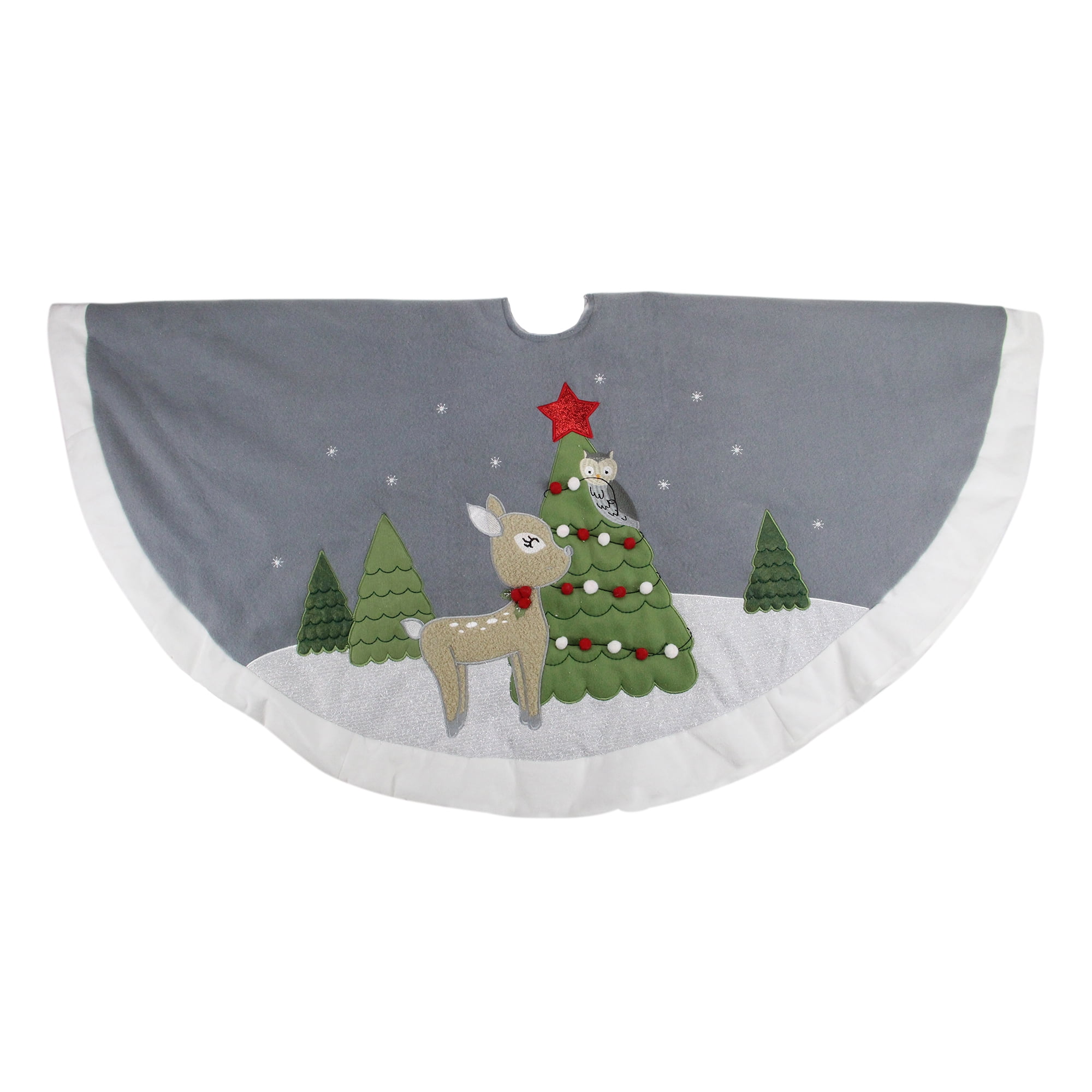 Gray and White Felt Christmas Tree Skirt with Deer and Owl