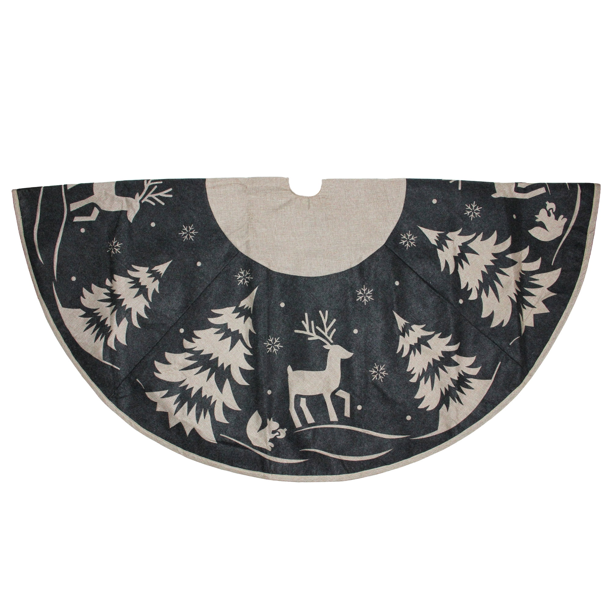 Gray and Black Reindeer Forest Christmas Tree Skirt with Burlap Cuff