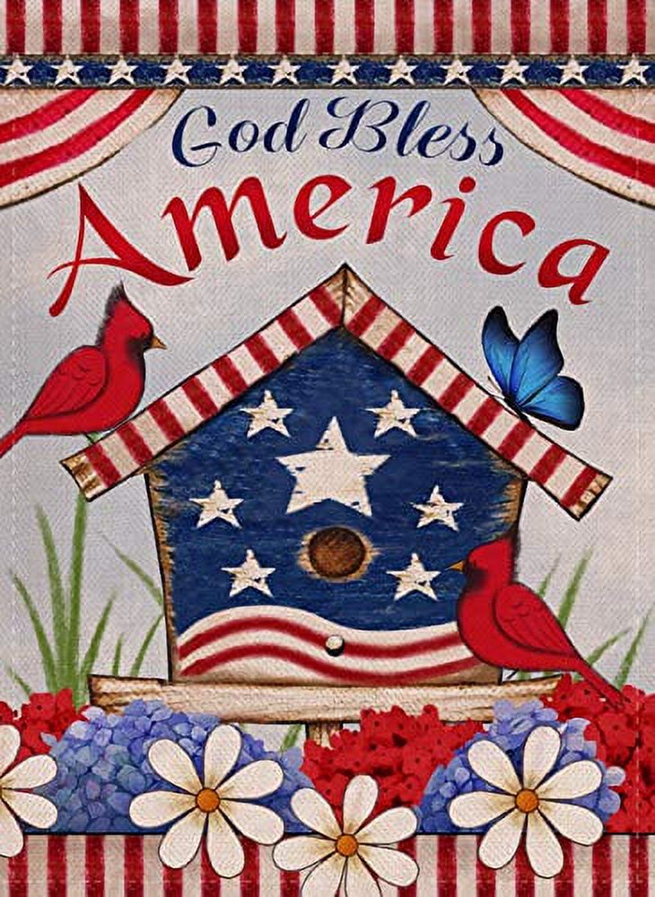 Dyrenson Home Decorative Outdoor 4th of July Patriotic Cardinal Garden Flag Double Sided, God Bless America House Yard Flag, Red Bird Geraniums Decorations, USA Flower Seasonal Outdoor Flag 12 x 18 - image 1 of 3
