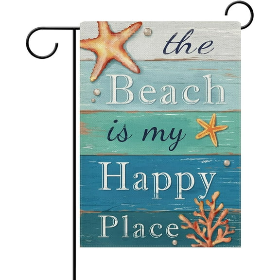 Dyrenson Summer The Beach is My Happy Place Decorative Garden Flag, Blue Coastal Starfish Farmhouse Yard Outside Home Decoration, Coral Pearl Nautical Rustic Outdoor Small Decor Double Sided 12 x 18