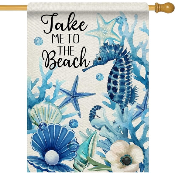 Dyrenson Summer Take Me To The Beach Decorative Garden Flag, Coastal Seahorse Starfish Conch Coral Yard Outside Home Decoration, Spring Anemone Burlap Outdoor Small Decor Double Sided 12 x 18