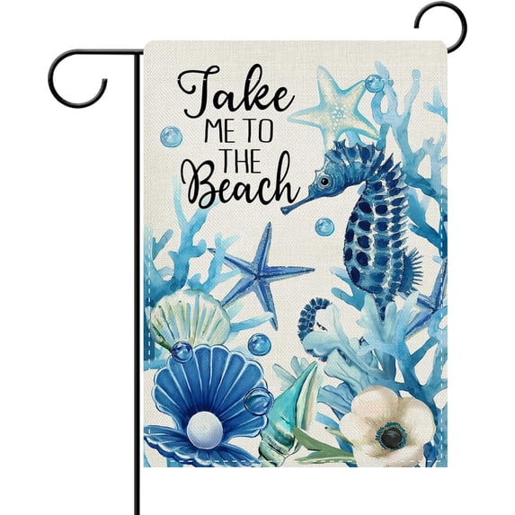 Dyrenson Summer Take Me To The Beach Decorative Garden Flag, Coastal Seahorse Starfish Conch Coral Yard Outside Home Decoration, Spring Anemone Burlap Outdoor Small Decor Double Sided 12 x 18