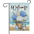 thumbnail image 1 of Dyrenson Welcome Spring Summer Beach Hydrangea Flower Decorative Garden Flag, Coastal Floral Basket Starfish Conch Yard Outside Home Decoration, Nautical Burlap Outdoor Small Decor Double Sided 12x18, 1 of 6