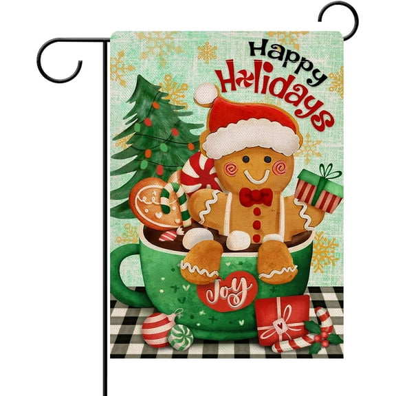 Dyreson Merry Christmas Joy Coffee Gingerbread Man Decorative Garden Flag, Xmas Happy Holiday Buffalo Plaid Check Yard Outside Decorations, Winter Farmhouse Outdoor Small Decor 12x18