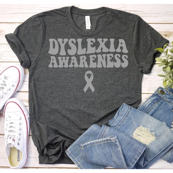 Dyslexia Awareness Gray Ribbon Graphic T-Shirt, Unisex Classic Fit, Cotton or Cotton-Poly by Color, 180 GSM