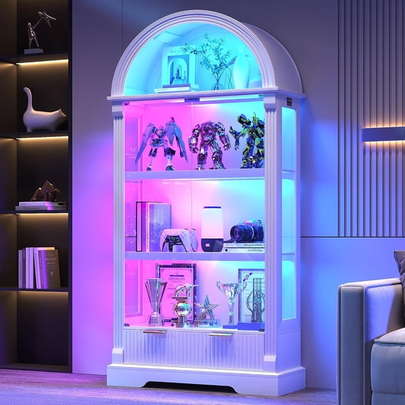 Dystler Glass Curio Cabinet with Glass Doors & RGB Lights | 72" Tall, Arched Display Cabinet, Human Sensor Lights, 4-Tier Large Shelf, Display Case for Collectibles