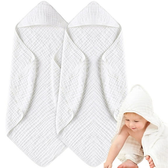 Dyues 2 Packs Hooded Baby Bath Towel for Newborn,Soft & Absorbent Muslin Cotton Baby Towels with Hood for Babies, Infant, Toddler & Kids,White+White,31 X 31''