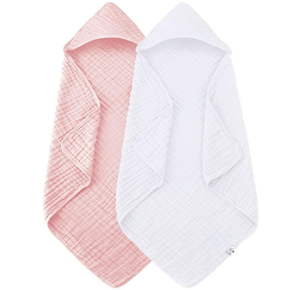 Dyues Hooded Baby Towels for Newborn 2 Pack 100% Muslin Cotton Baby Bath Towel with Hood for Babies, Infant, Toddler &Kids, Soft &Absorbent,31x31'', White+Pink