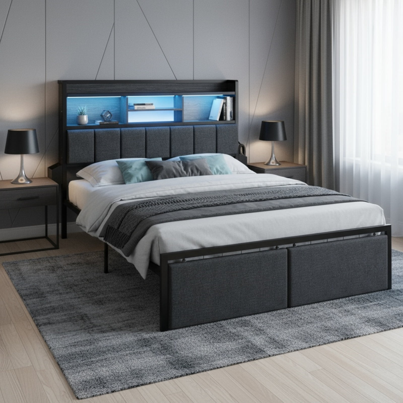 Dyzmo Full Bed Frame with 2 Storage Drawers, LED Lights Upholstered ...