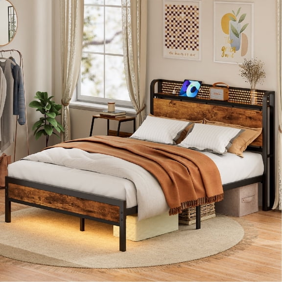 Dyzmo Full Bed Frame with Headboard, Metal Platform Bed with Smart LED Lights and USB Charging Station, Easy Assembly, No Box Spring Needed, Retro Brown