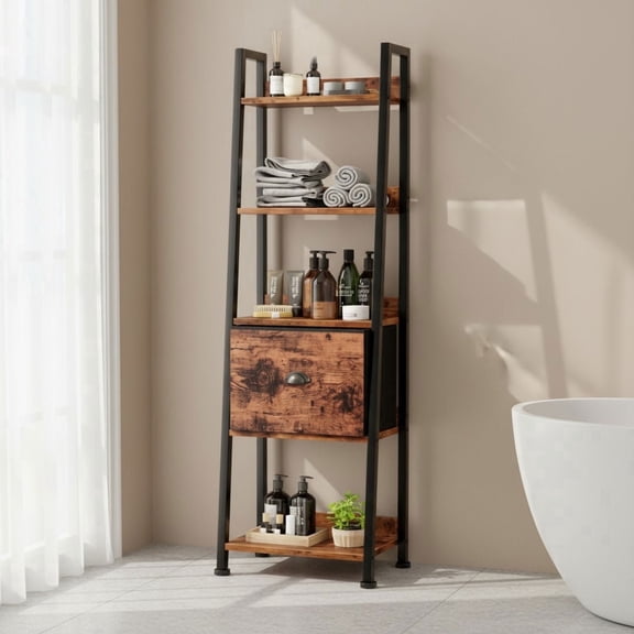 Dyzmo Ladder Bookcase with Drawer, Storage Bookshelf Furniture Shelves